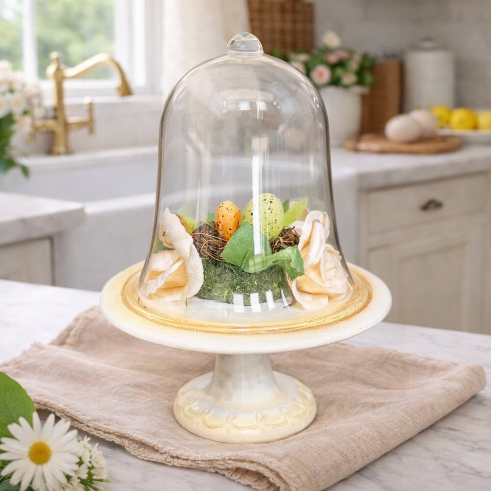 NWT  Rare Easter Dome Cloche Vignette With Birds Nest & Flowers Decor